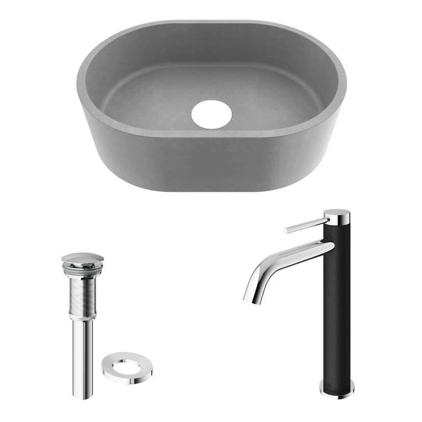 VIGO Giralda Gothic ConcretoStone™ Grey Bathroom Sink/Basin Set with Lexington Faucet and Oval Composite Vessel