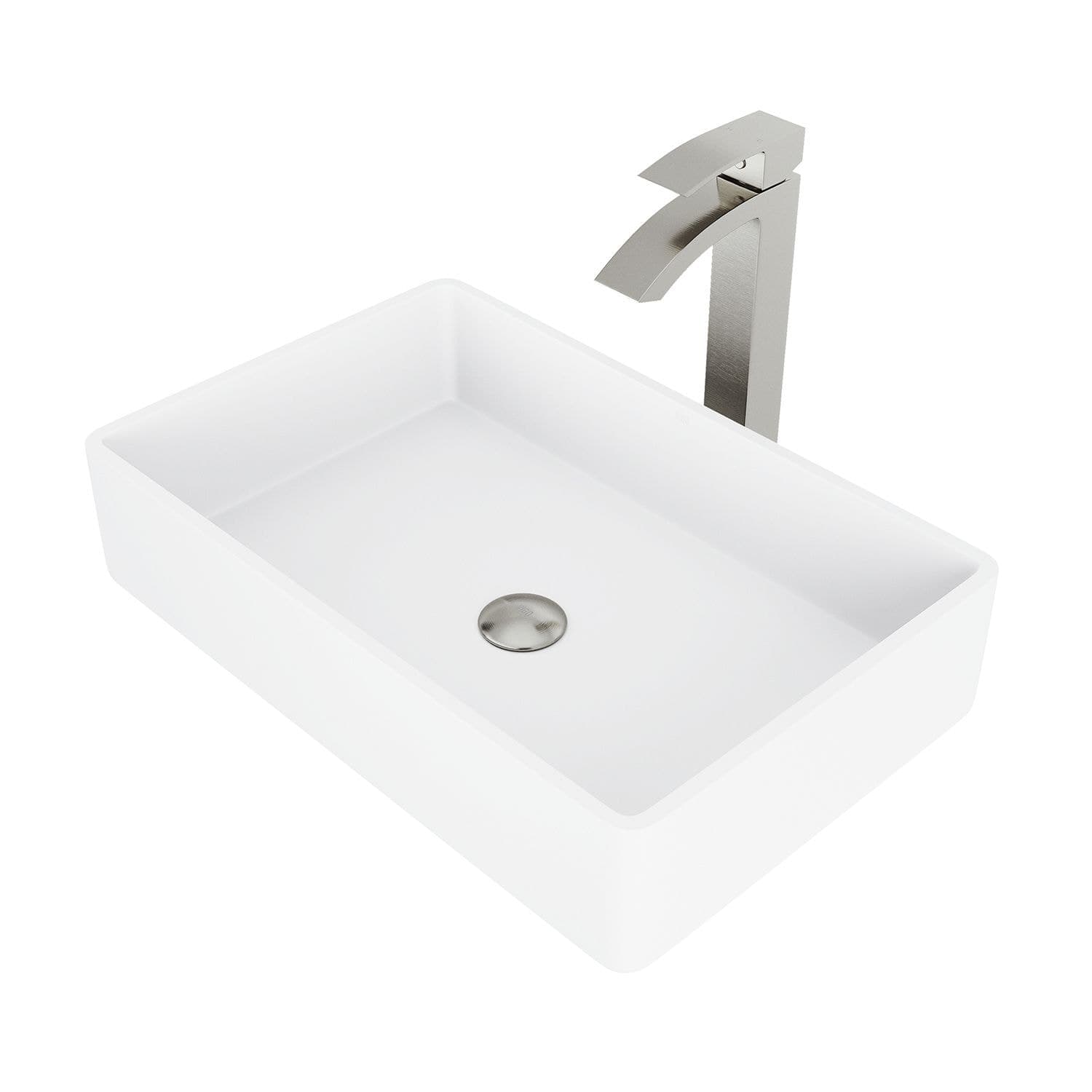 VIGO Magnolia MatteStone™ White Bathroom Sink/Basin Set with Duris Faucet and Rectangular Composite Vessel