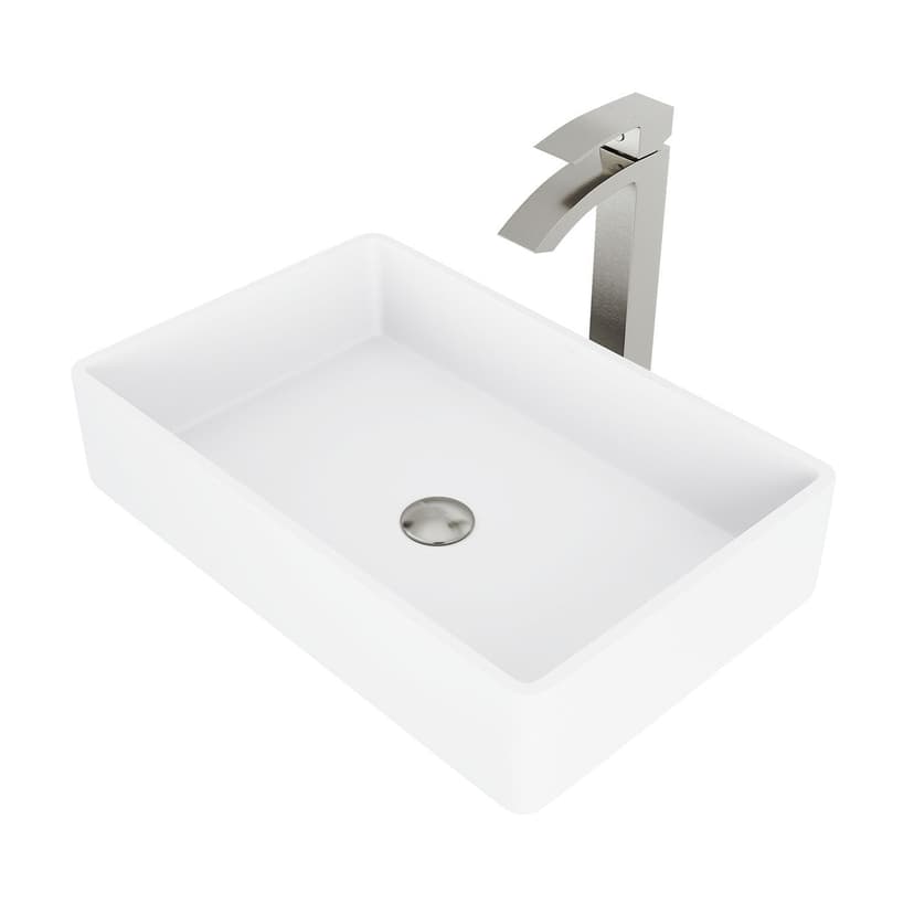VIGO Magnolia MatteStone™ White Bathroom Sink/Basin Set with Duris Faucet and Rectangular Composite Vessel