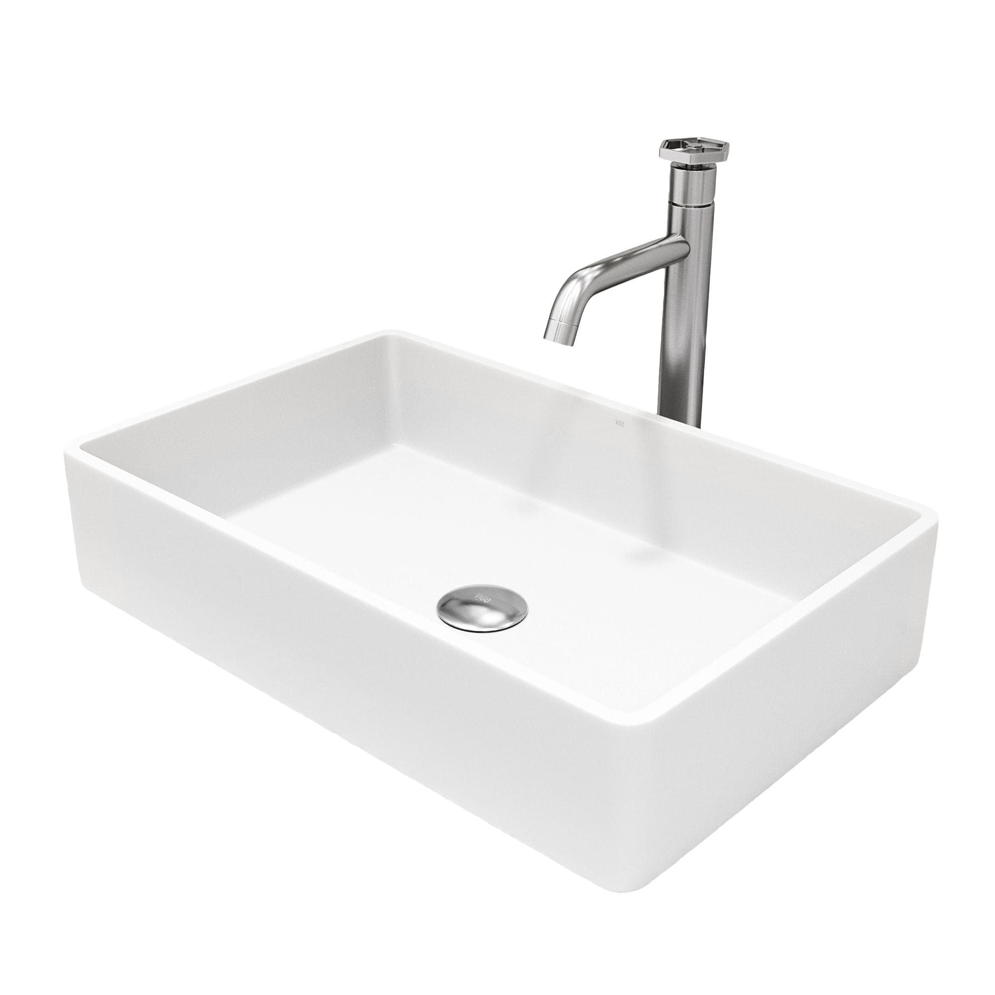 VIGO Magnolia MatteStone™ White Bathroom Sink/Basin Set with Ruxton Faucet and Rectangular Composite Vessel