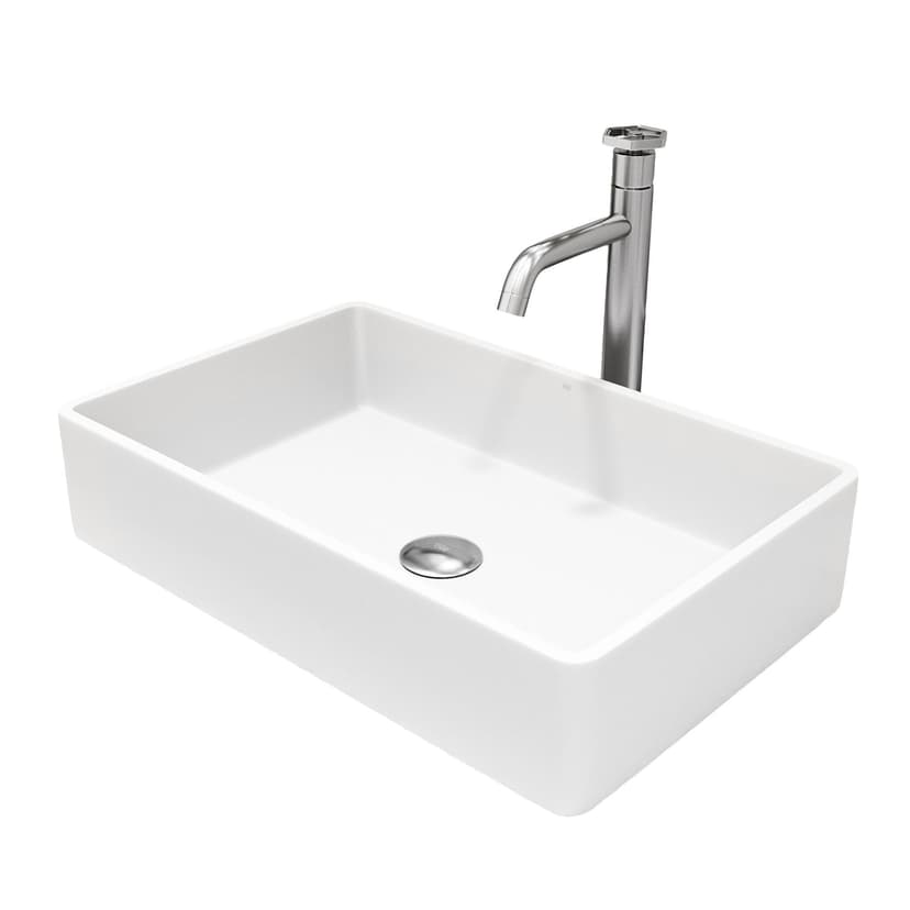 VIGO Magnolia MatteStone™ White Bathroom Sink/Basin Set with Ruxton Faucet and Rectangular Composite Vessel