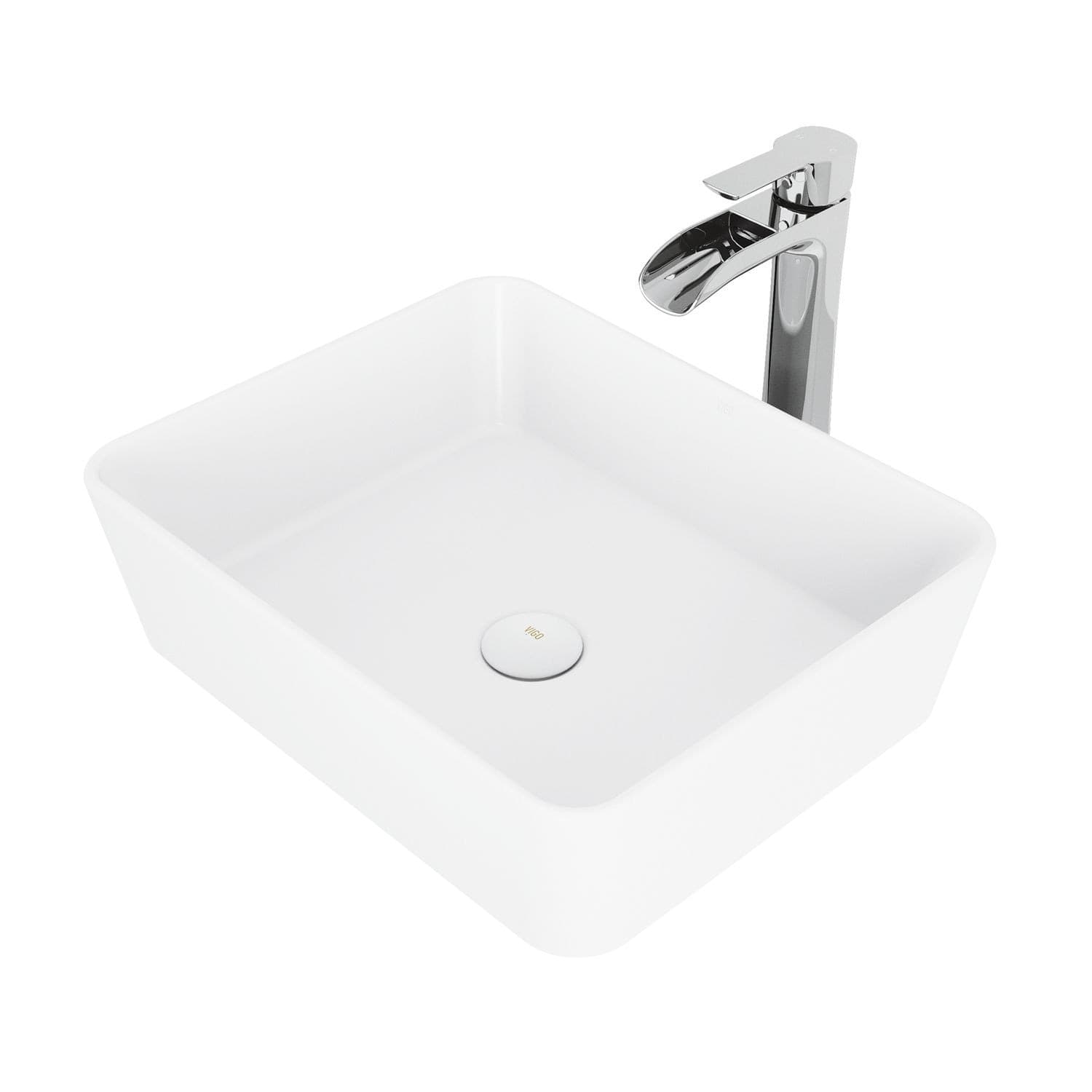 VIGO Marigold MatteStone™ Matte White Bathroom Sink/Basin Set with Niko Faucet and Rectangular Composite Vessel
