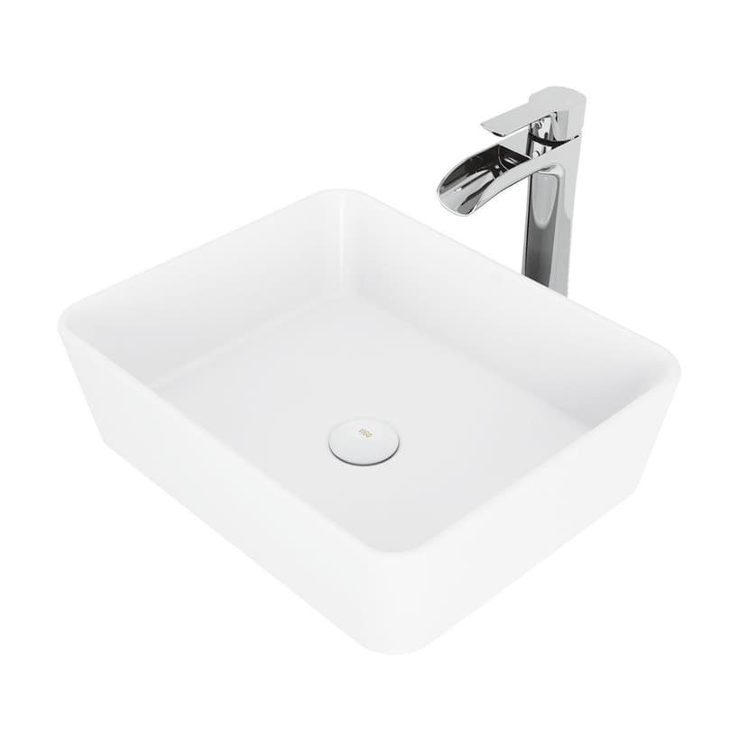 VIGO Marigold MatteStone™ Matte White Bathroom Sink/Basin Set with Niko Faucet and Rectangular Composite Vessel
