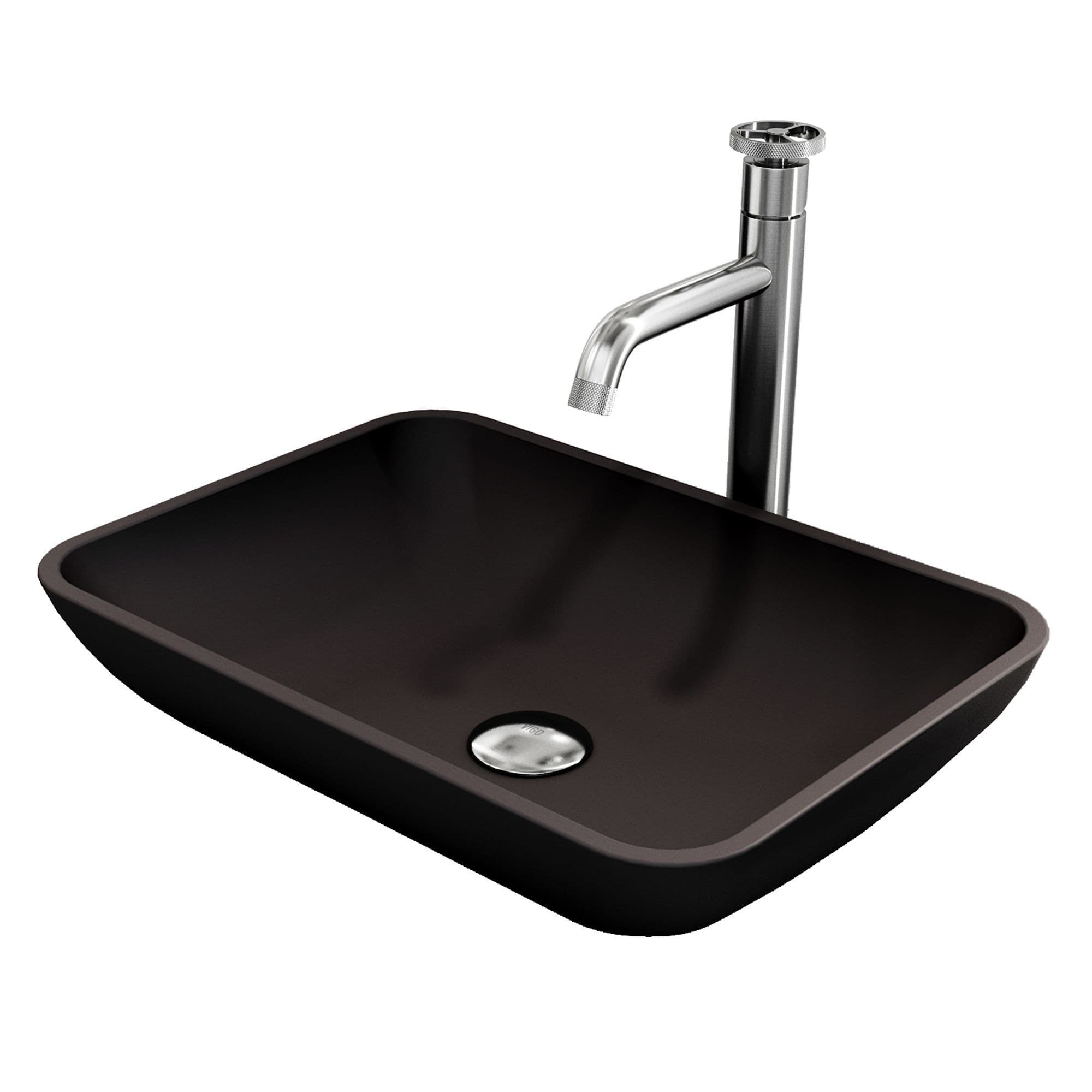 VIGO Sottile MatteShell™ Matte Black Bathroom Sink/Basin Set with Cass Faucet and Glass Rectangular Vessel