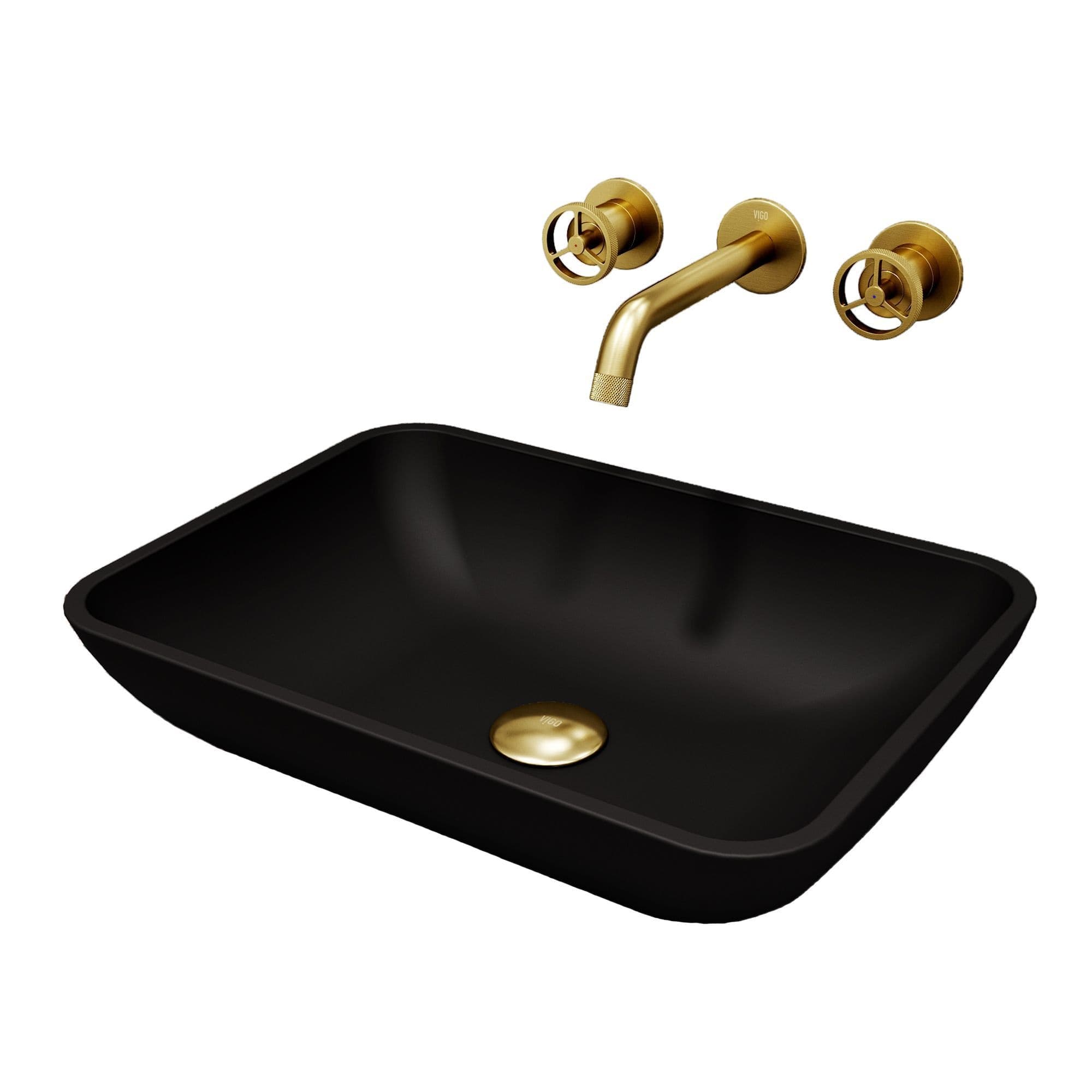 VIGO Sottile MatteShell™ Matte Black Bathroom Sink/Basin Set with Cass Wall Mount Faucet and Glass Rectangular Vessel