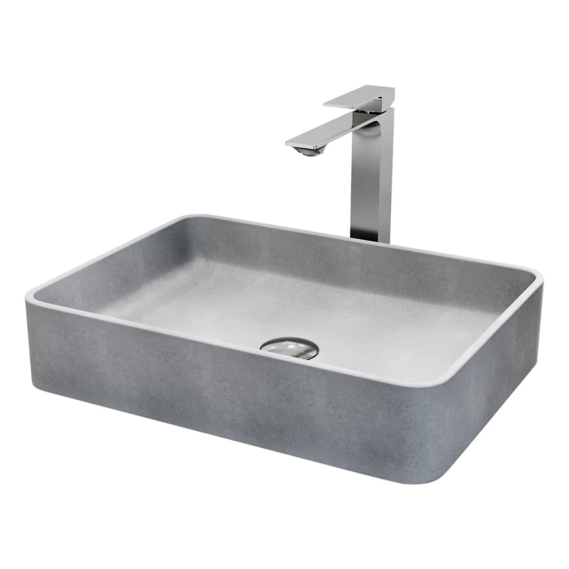 VIGO Tarragona Gothic ConcretoStone™ Grey Bathroom Sink/Basin Set with Dunn Faucet and Rectangular Vessel