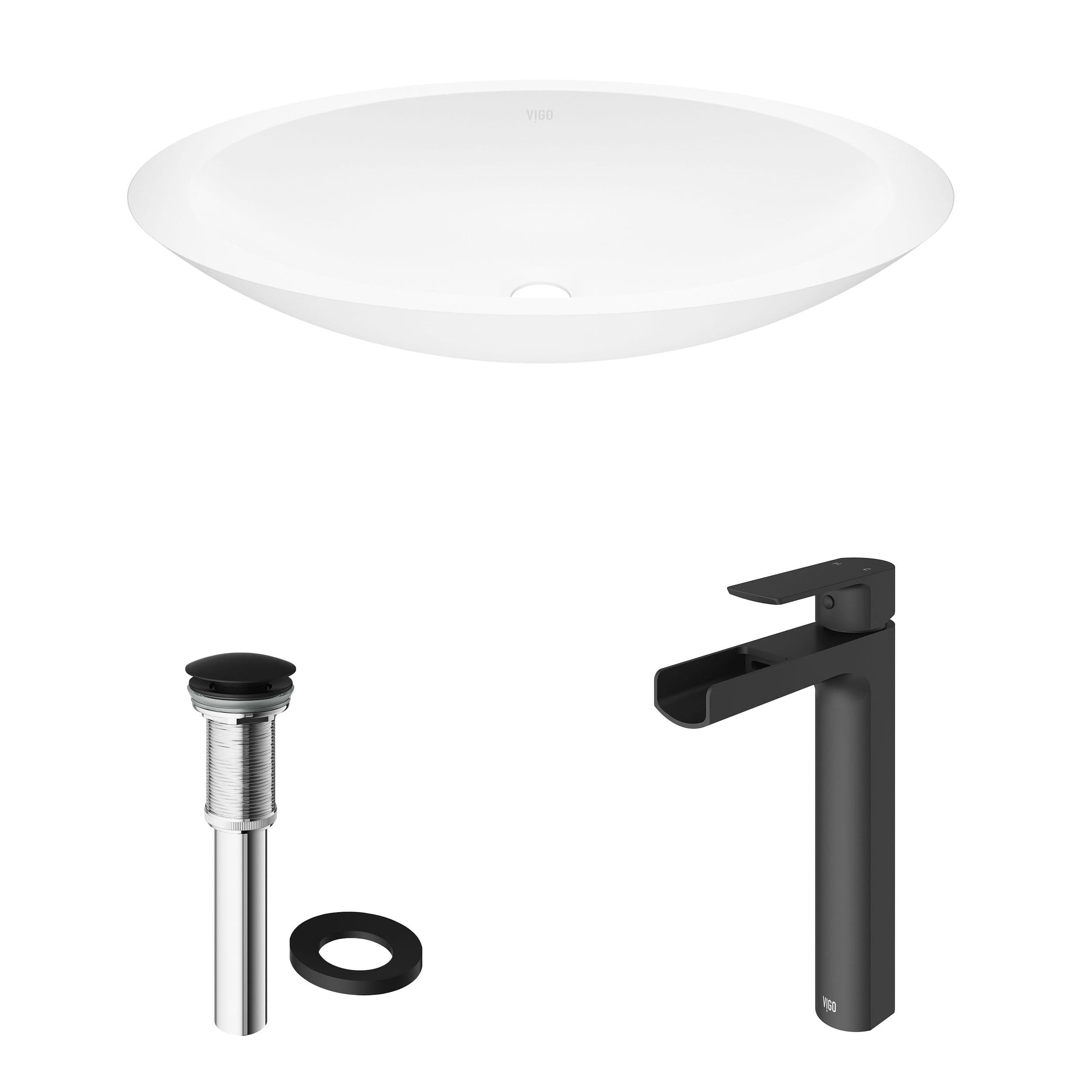 VIGO Wisteria MatteStone™ White Bathroom Sink/Basin Set with Amada Faucet and Oval Composite Vessel