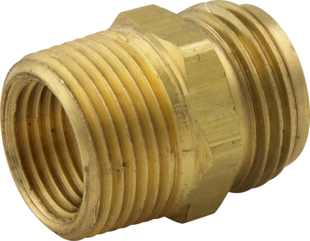 PlumbShop Brass Hose Adapter, 3/4-in MHT x 3/4-in MIP Tapped 1/2-in FIP, 1-pk