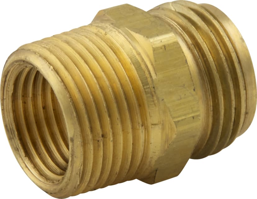 PlumbShop Brass Hose Adapter, 3/4-in MHT x 3/4-in MIP Tapped 1/2-in FIP, 1-pk