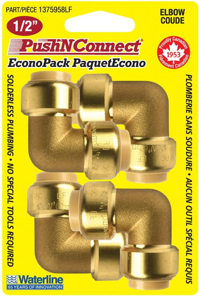 Waterline Push N' Connect 90-Degree Elbow, 1/2-in, 4-pk