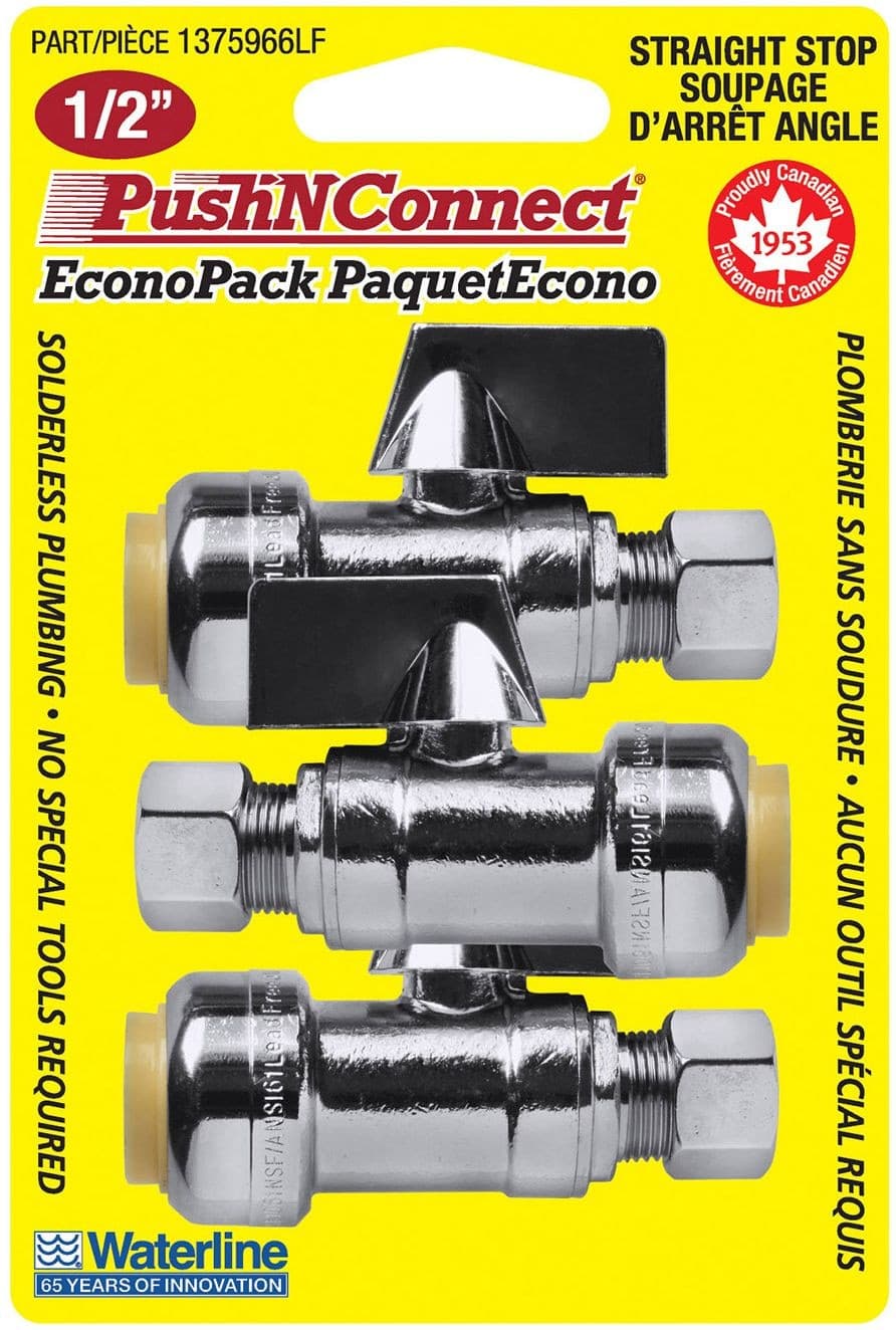 Waterline Push N' Connect Straight Stop Valve Set, 1/2 x 3/8-in, 3-pk