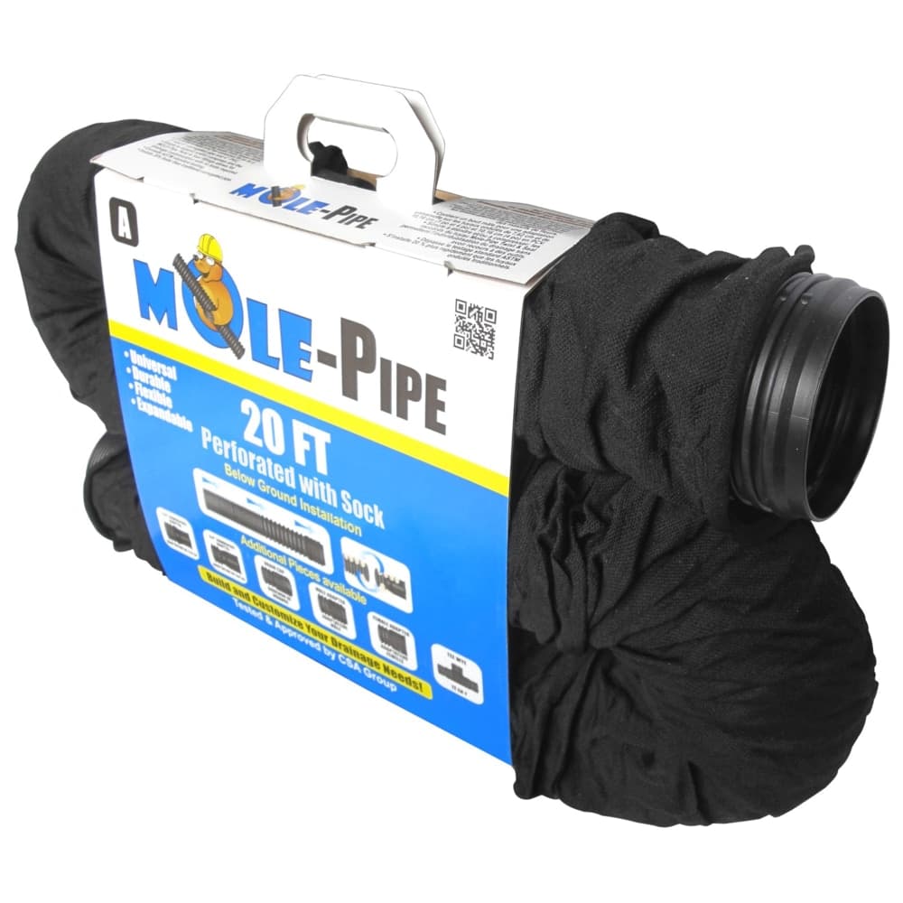Mole-Pipe Durable Universal Perforated Drain Pipe with Sock, 20-ft