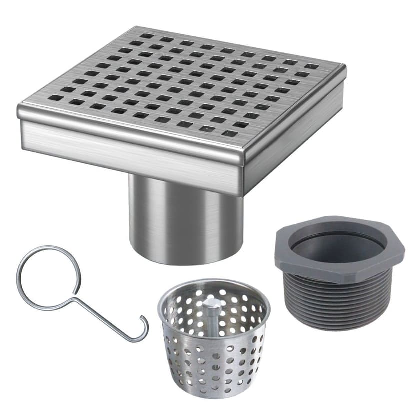 RELN Square Shower Drain, Stainless Steel, 4-in x 4-in