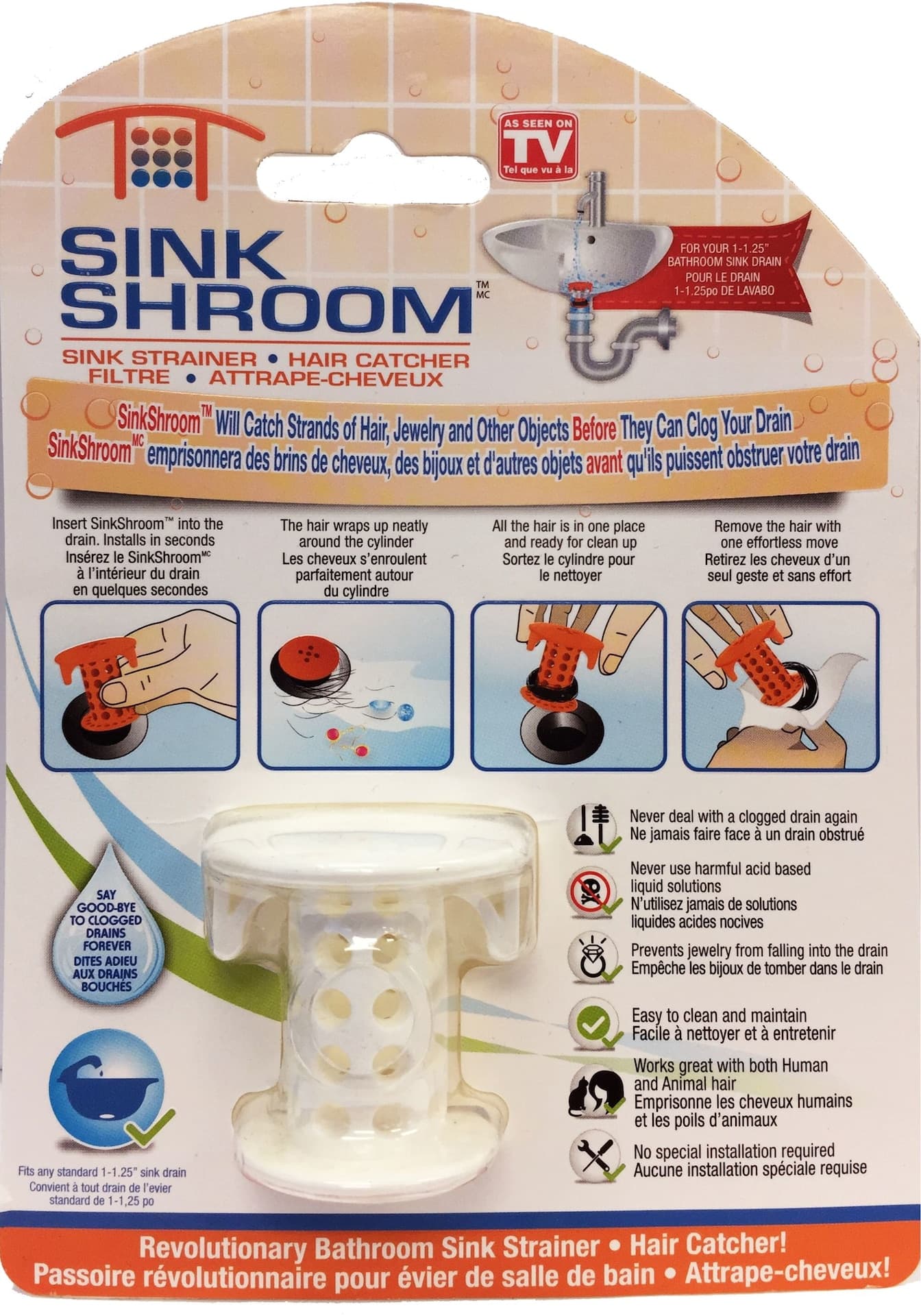 SinkShroom Easy-Clean Bathtub Hair Catcher/Sink Strainer, White, for 1-1.25-in Drain