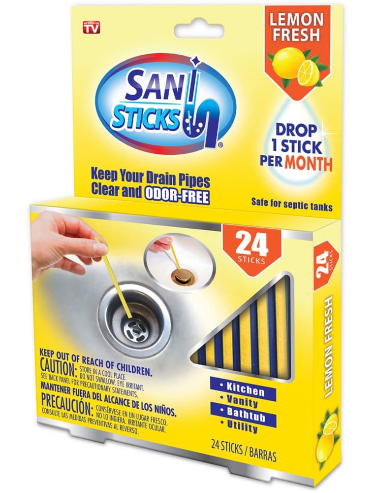 Sani Sticks Multi-Purpose Drain Pipe Cleaner Stick, Lemon Scented, 24-pk