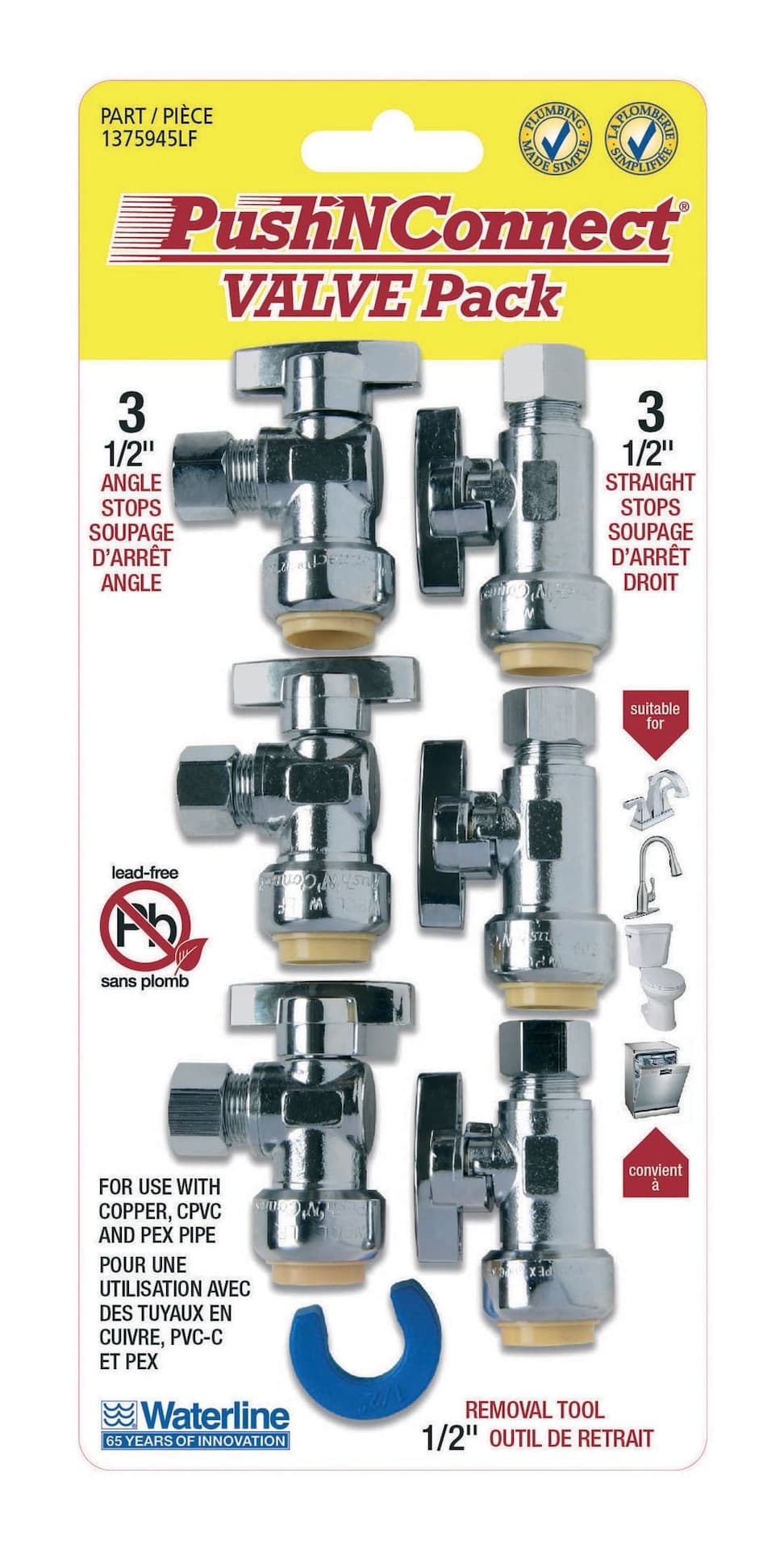 Waterline Push N' Connect Angle and Straight Stop Valve Set, 1/2-in, 7-pc