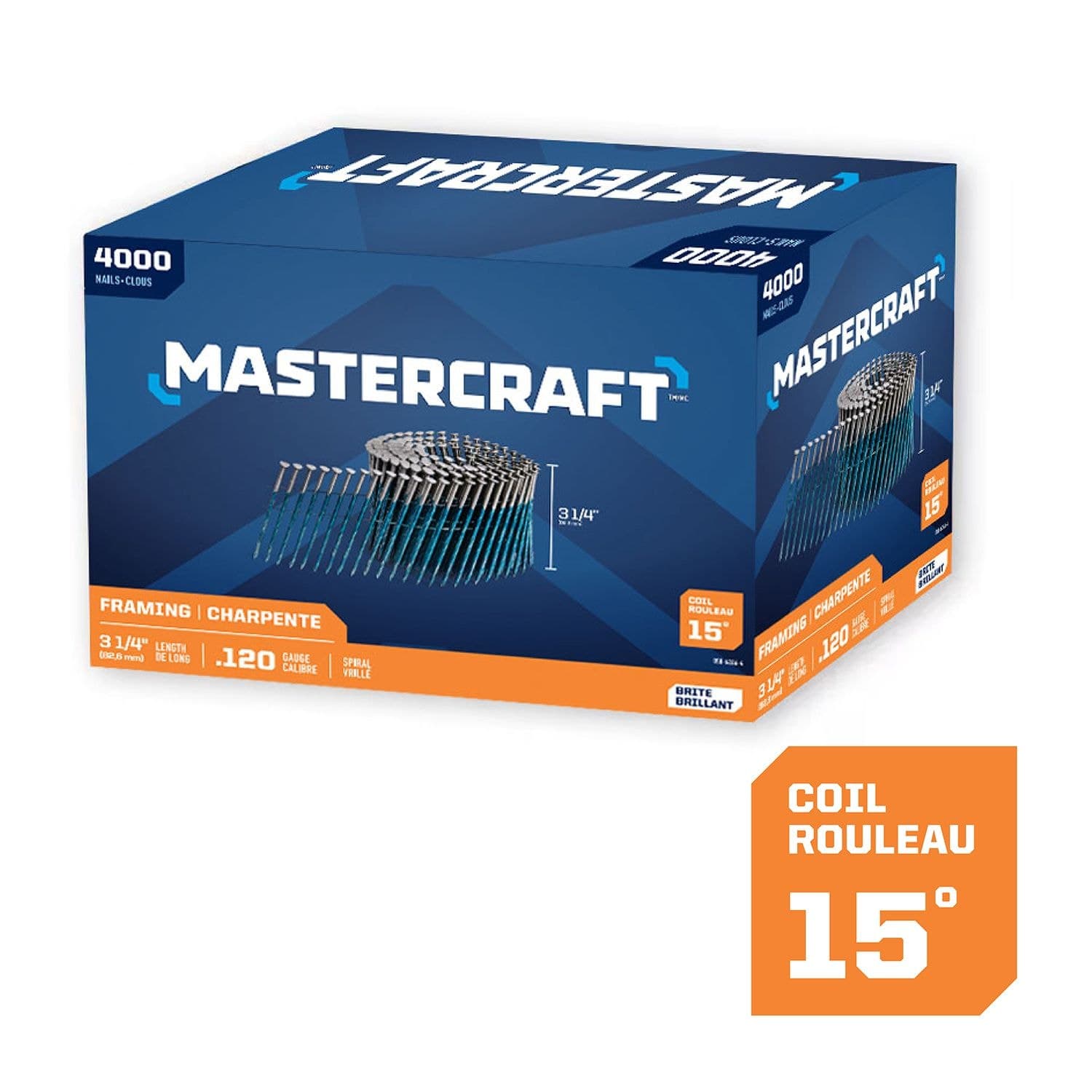 Mastercraft 3-1/4-in x .120-Gauge 15-Degree Brite Spiral Shank Wire Framing Nails (4000 per Box)