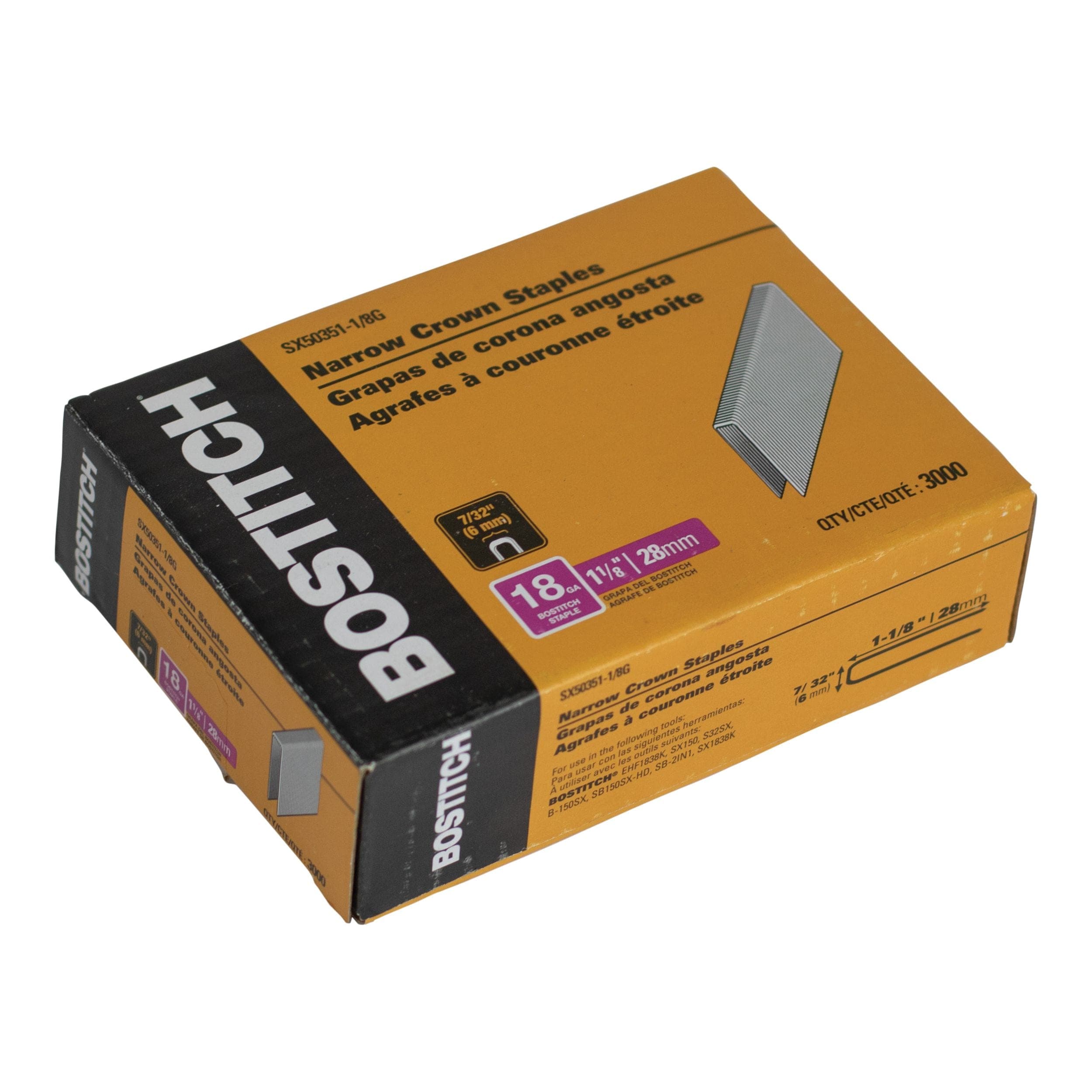 Bostitch SX50351-1/8G 18GA Narrow Crown Staples, 7/32-in, 3000-pk