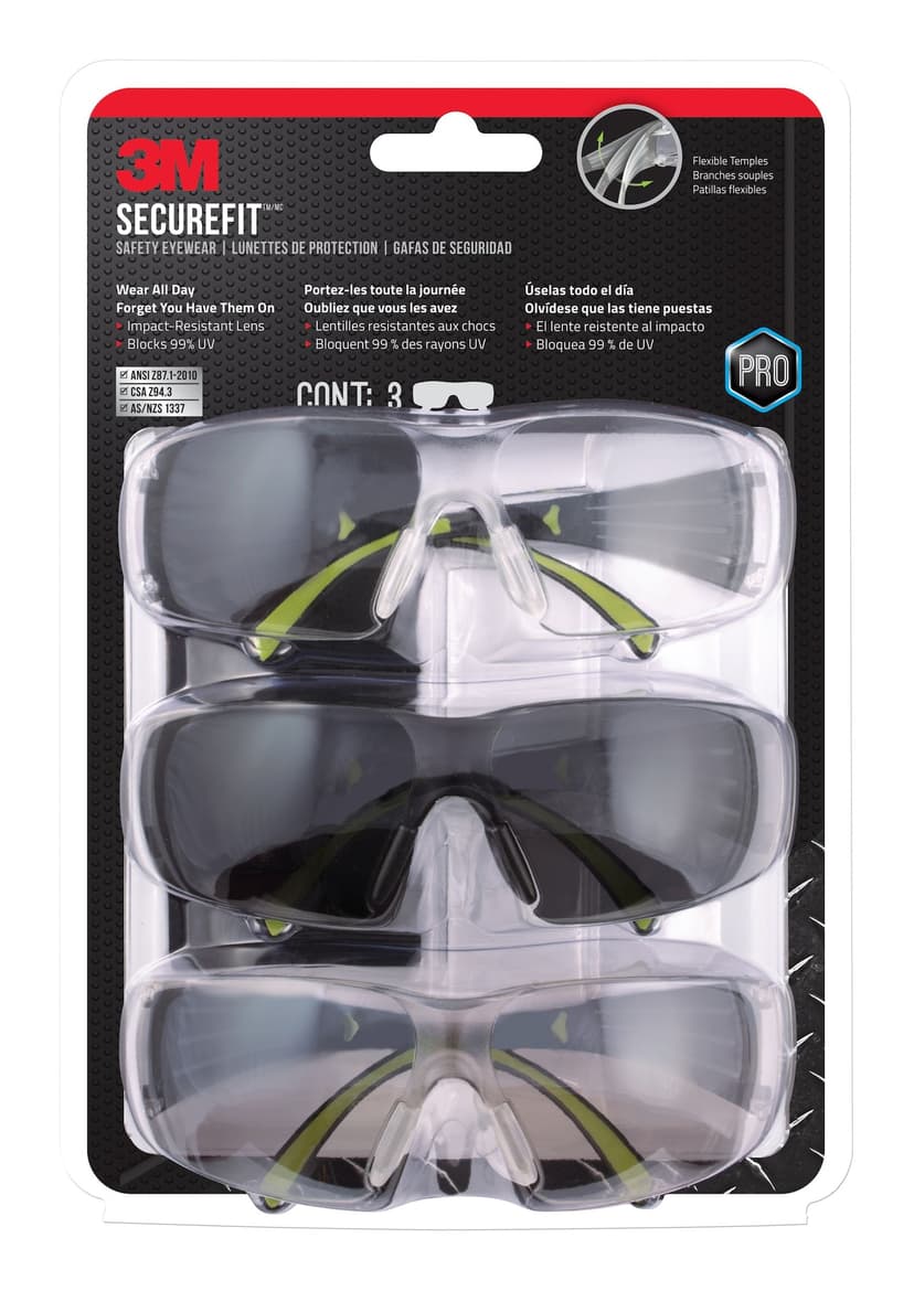 3M™ SF400-W-3PK-PS SecureFit™ Pro Anti-Fog Anti-Scratch Safety Glasses Set, 3-pc