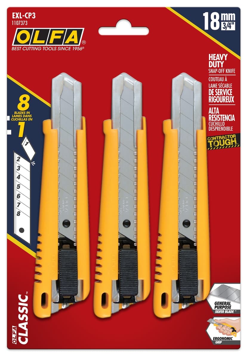 OLFA EXL-CP3 1107373 Auto-Lock Heavy Duty Snap-off Utility Knives, 18-mm, Yellow, 3-pk