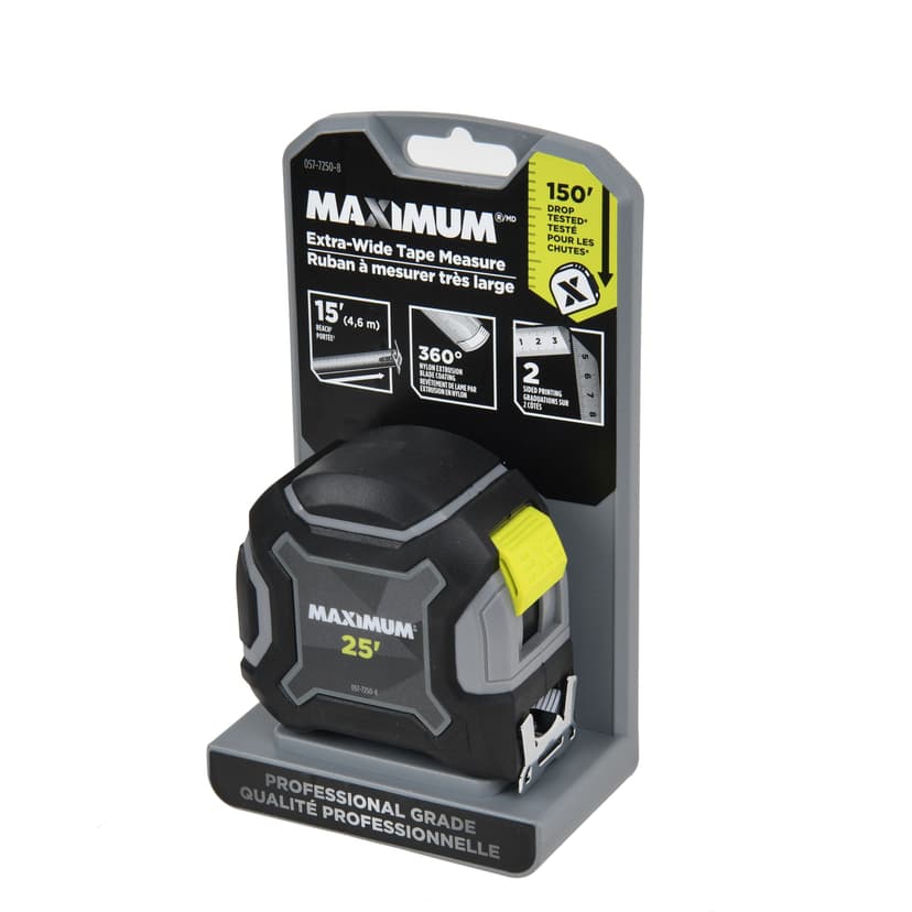 MAXIMUM Tape Measure with Double Side Printing, 25-ft, 150' drop tested