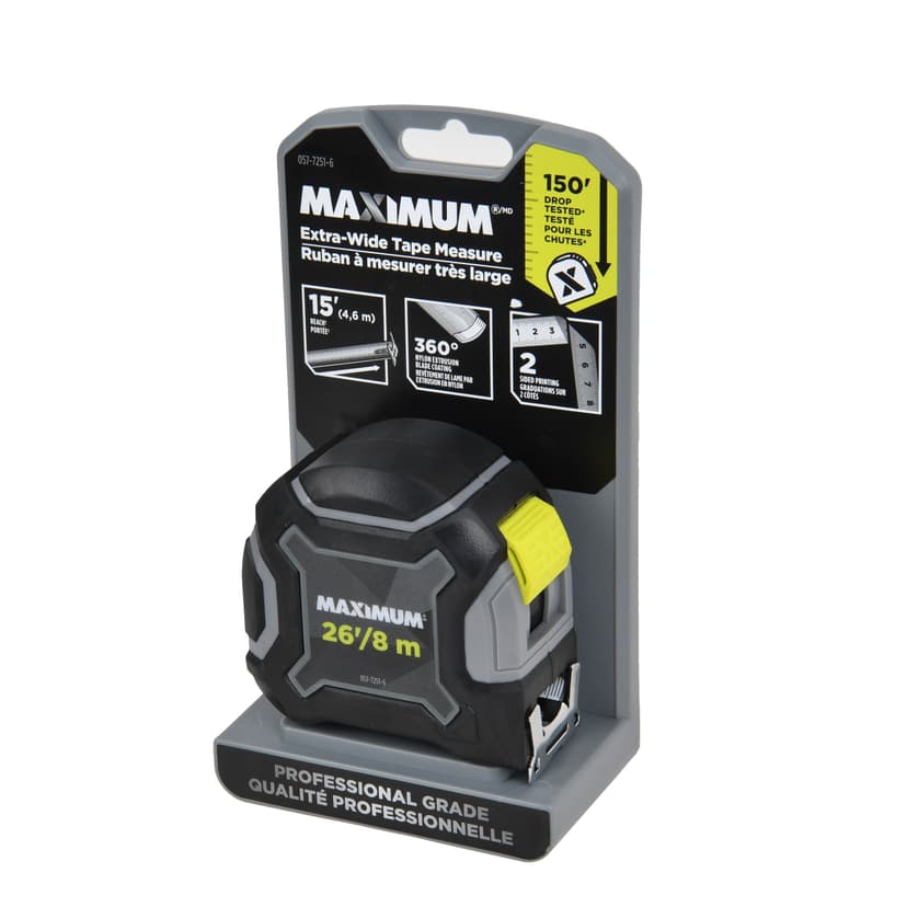 MAXIMUM Tape Measure with Double Side Printing, 26-ft/8m, 150-ft drop tested
