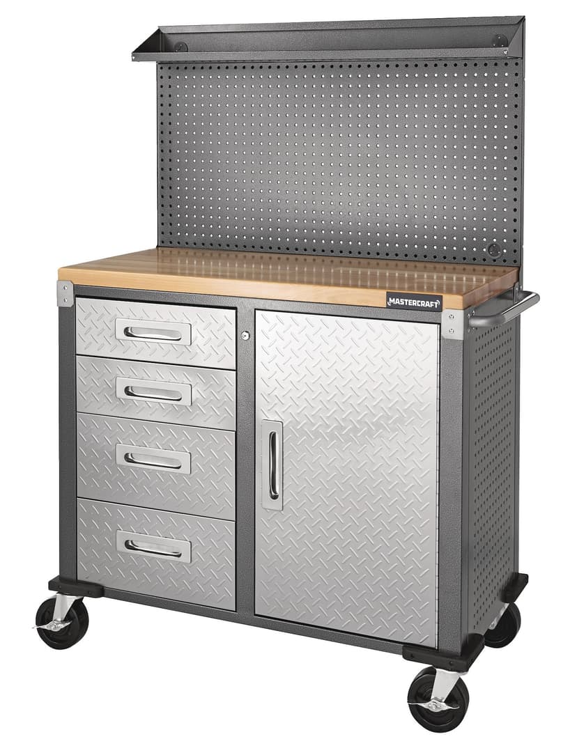 Mastercraft 40" Diamond Series 4-Drawer, 1-Door Wooden Top Workstation with Pegboard and Wheels, 40 x 20 x 61-in