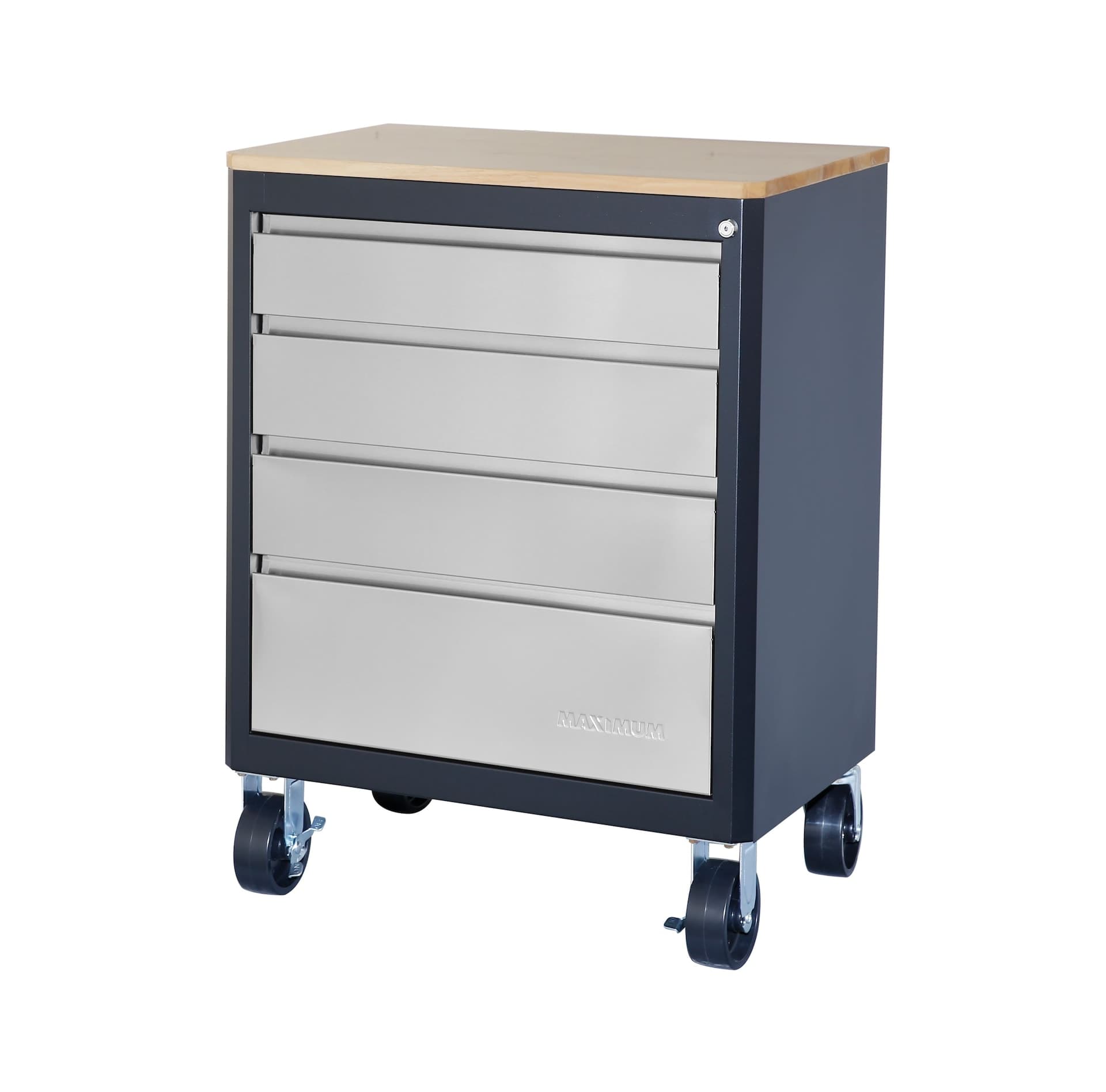 MAXIMUM 28" Stainless Steel 4-Drawer Wooden Top Base Cabinet with Wheels, 28 x 18 x 37-in