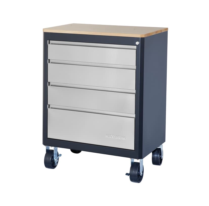 MAXIMUM 28" Stainless Steel 4-Drawer Wooden Top Base Cabinet with Wheels, 28 x 18 x 37-in