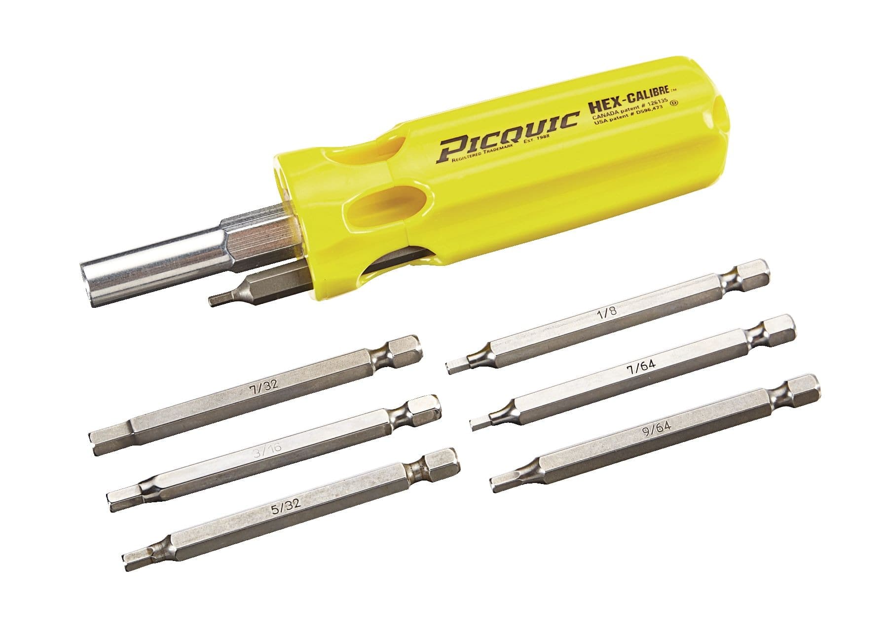 Picquic 7-pc Hex Calibre Multi-Bit Screwdriver with 7 SAE Hex-Key Bits, Full-Size, Yellow, 88151