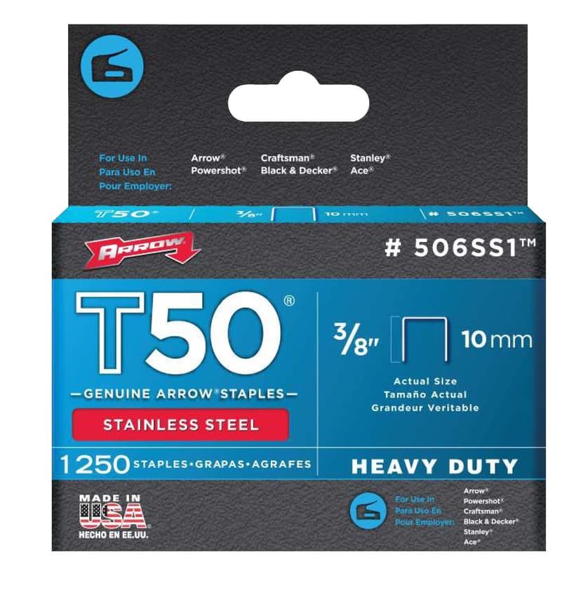 Arrow Fastener 506SS1 3/8-in T50 Heavy Duty Staples, 1250-pk