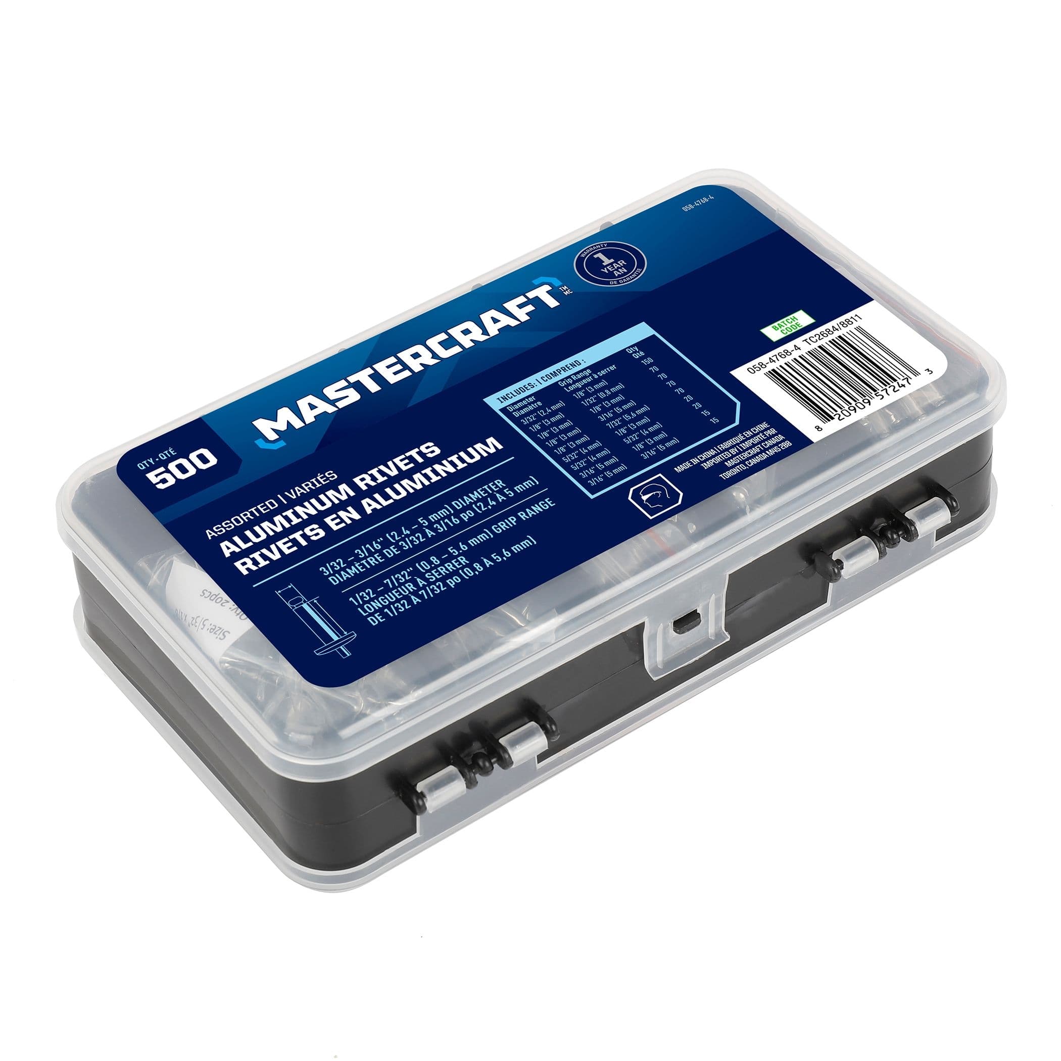 Mastercraft Aluminum Rivet Assortment, Multiple Sizes, 500-pc