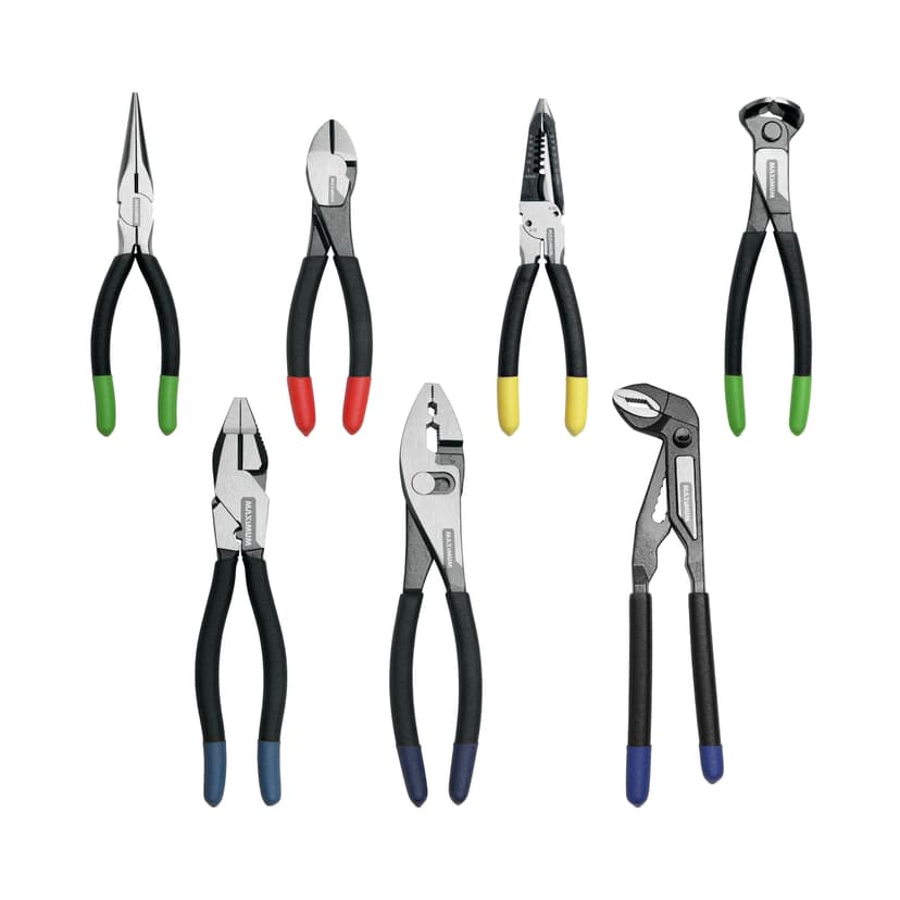 MAXIMUM Professional Grade Pliers Set, Soft Vinyl Grip, Carbon Steel, Colour-Coded Tips, 7-pc