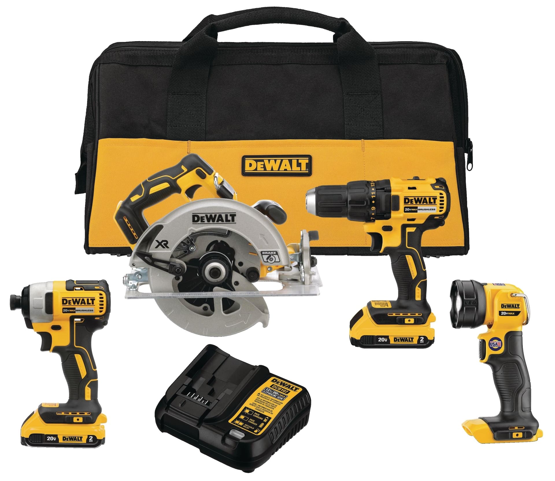 DEWALT DCK477D2 20V MAX Cordless Drill/Driver, Impact Driver, Circular Saw & Work Light Combo Kit