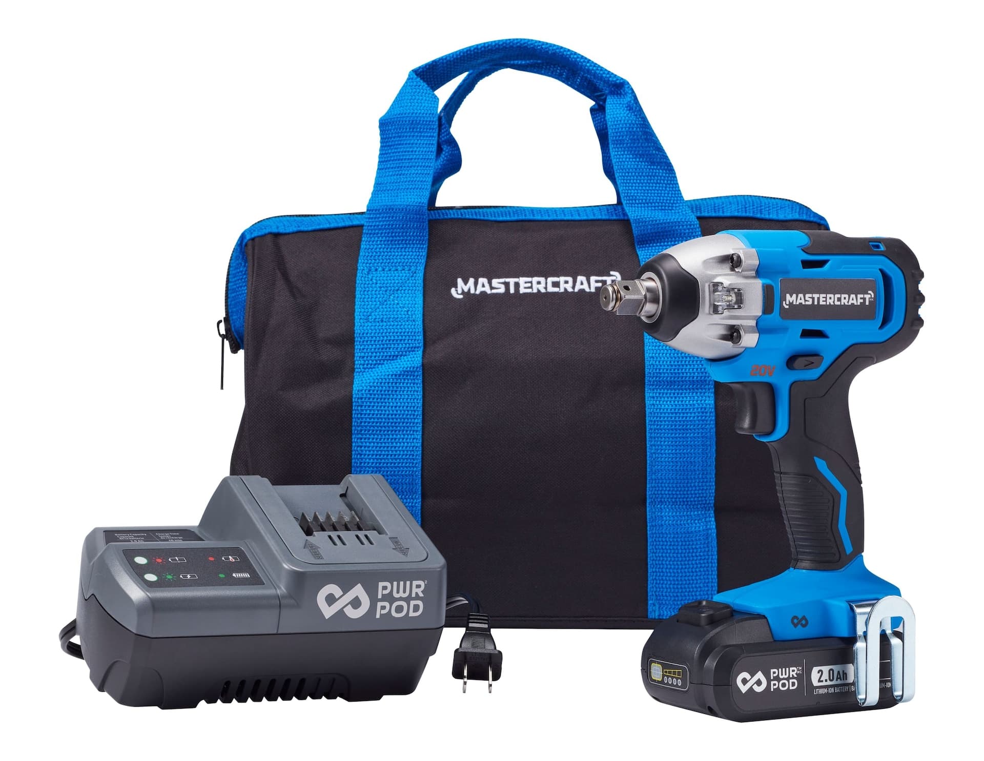Mastercraft 20V Cordless 1/2-in Impact Wrench with Case, PWR POD 2 Ah Battery and Charger