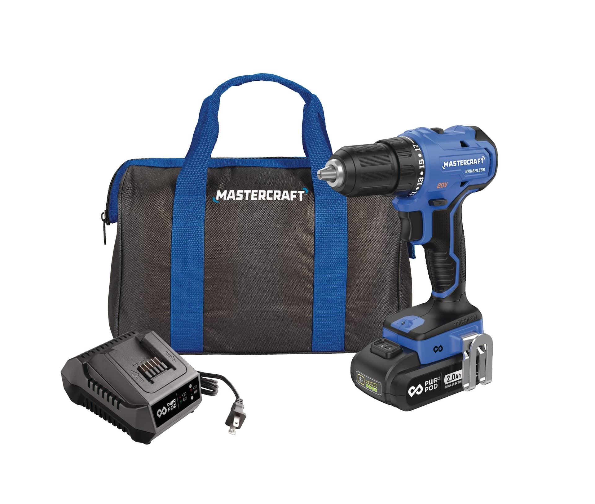 Mastercraft 20V Cordless 1/2-in Brushless 2-Speed Drill/Driver Kit with PWR POD 2 Ah Battery & Charger