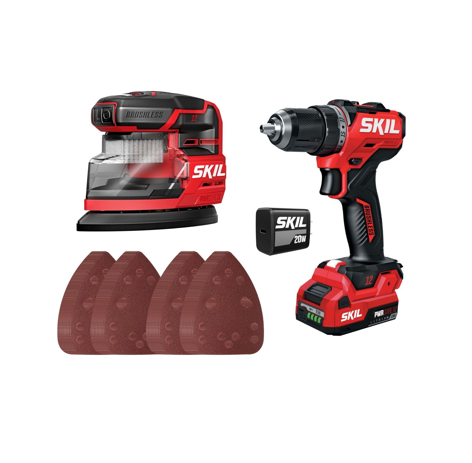 SKIL 12V Brushless Compact Drill Driver & Detail Sander Combo with 2.0Ah USB-C Port Battery and 20W PD Charger (CB8436A-10)