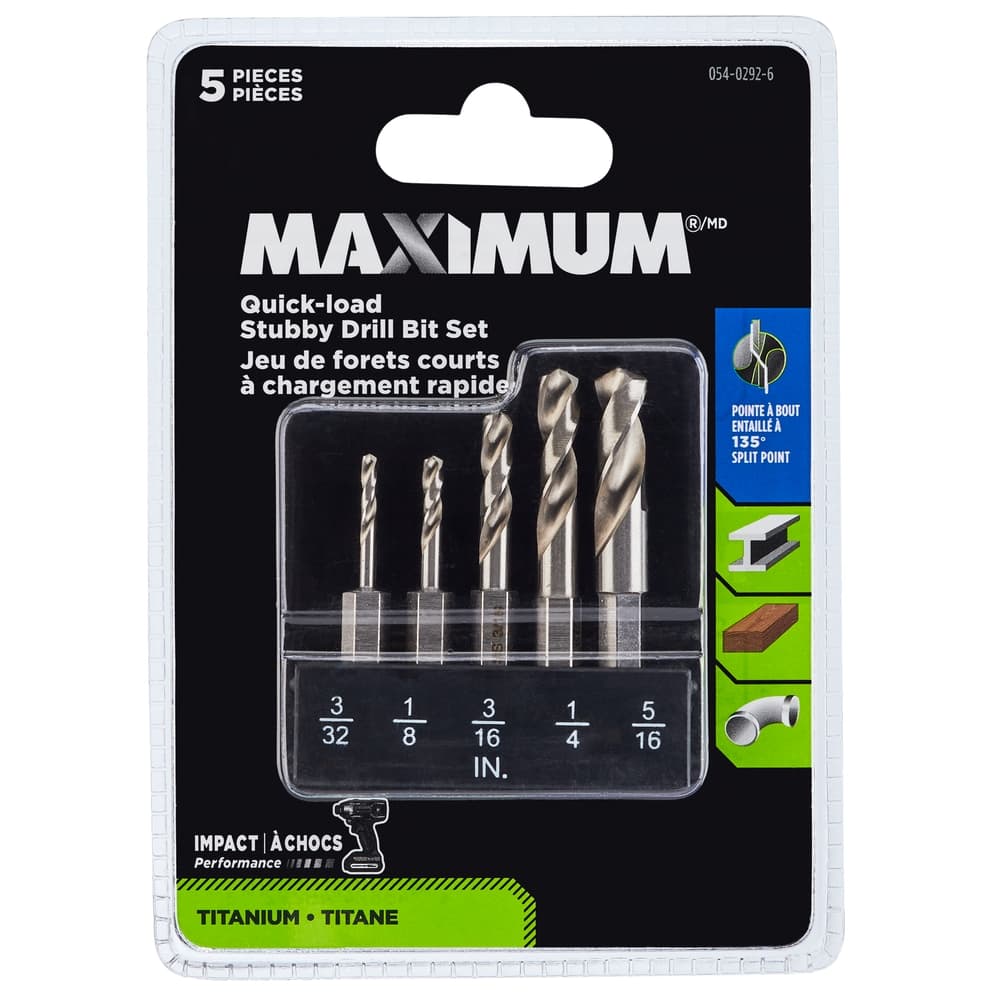 MAXIMUM Quick Load Stubby Titanium Drill Bit Set for Wood, Metal, Plastic, 5-pc