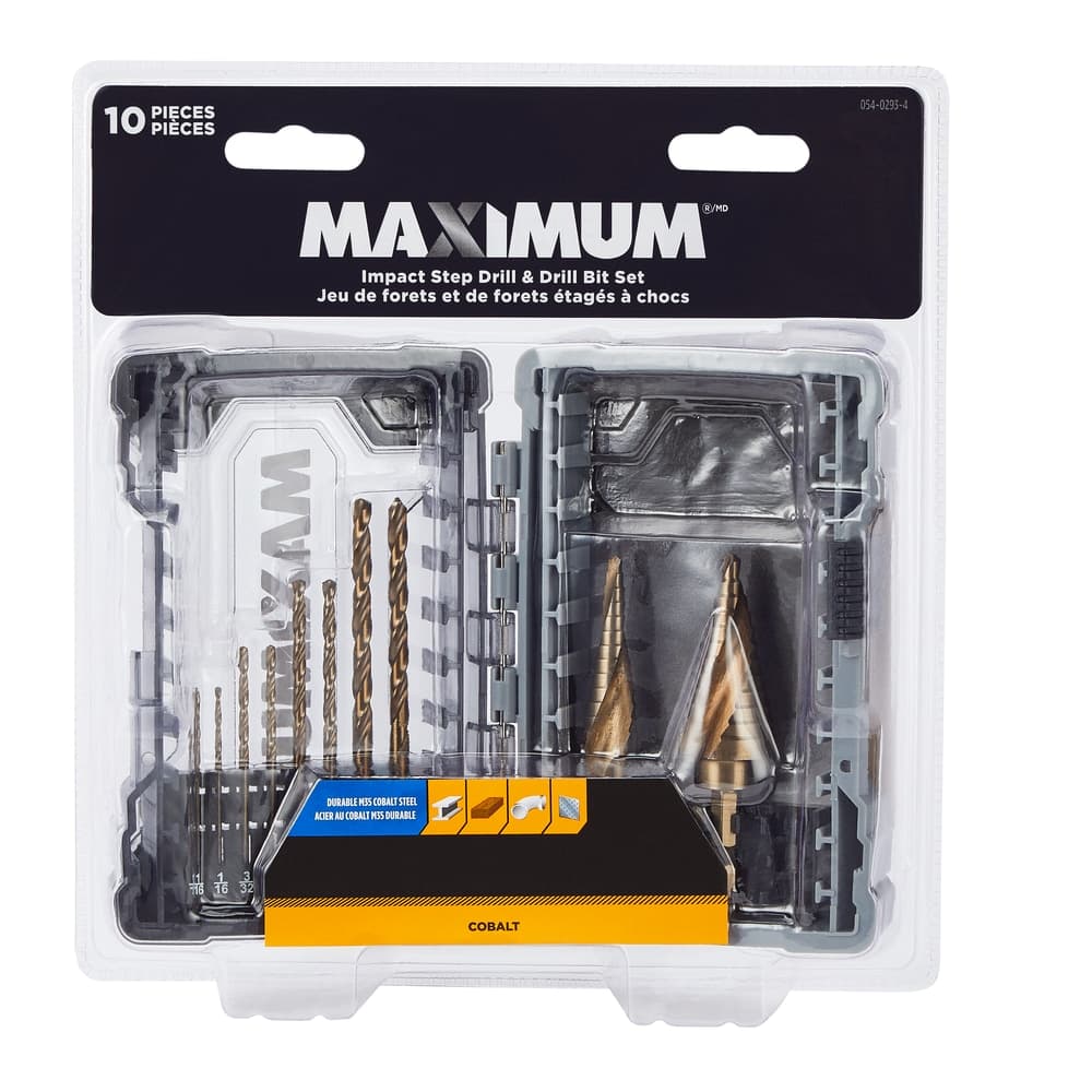 MAXIMUM Impact Cobalt Step Drill & Drill Bit Set for Wood, Metal, Plastic, Masonry, 10-pc