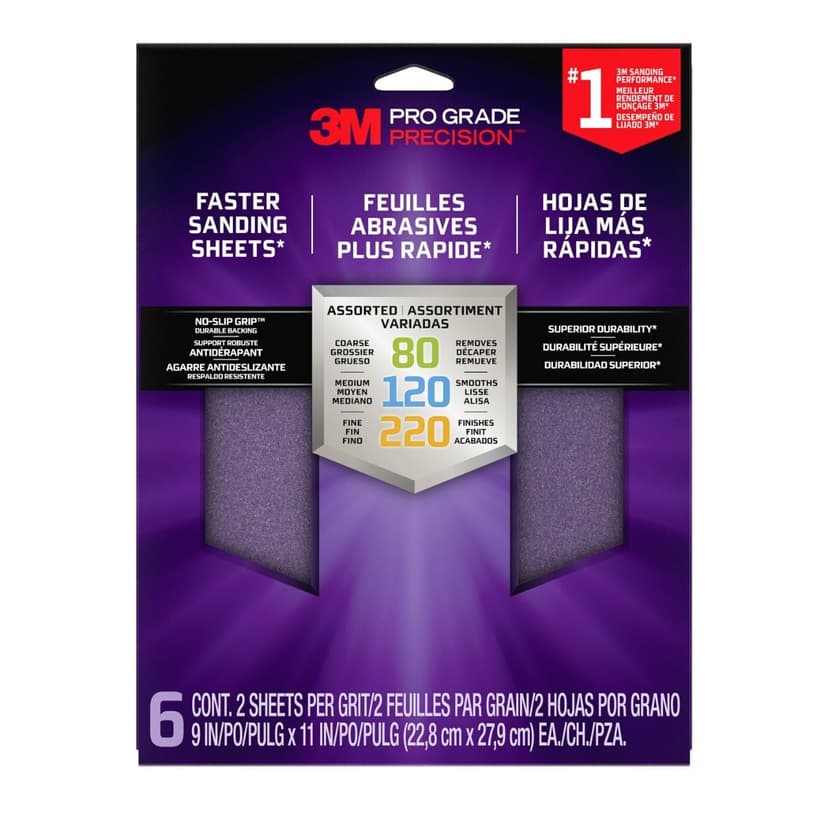 3M Pro Grade Assorted Grit Sandpaper with No-Slip Grip, 9-in x 11-in, 6-pk