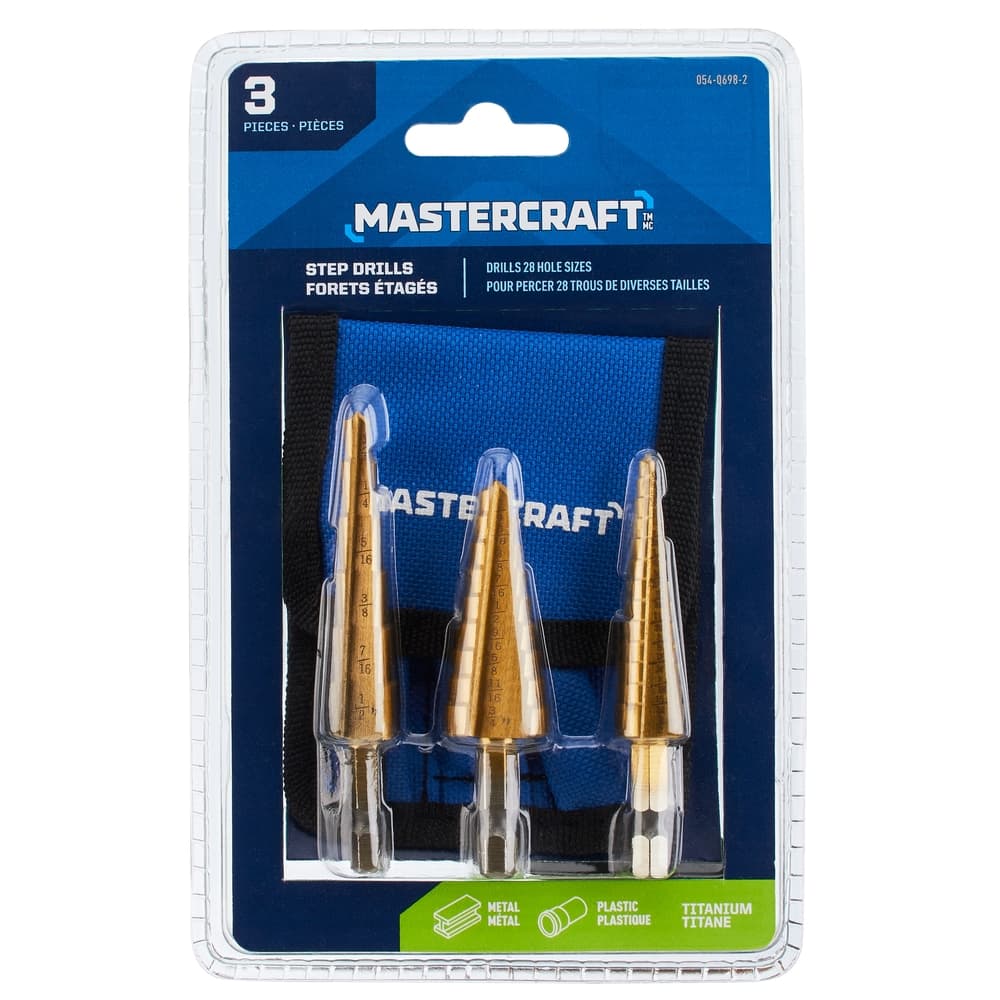 Mastercraft Titanium-Nitride Coated Step Drill Bit Set for Metal, Plastic, 3-pc