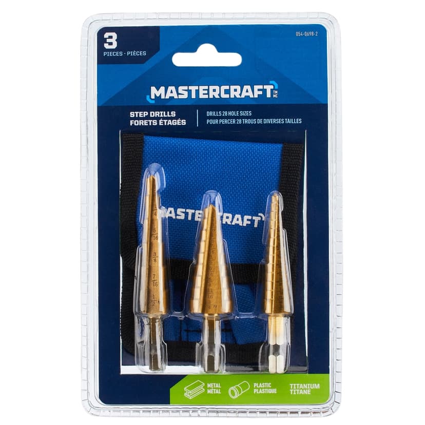 Mastercraft Titanium-Nitride Coated Step Drill Bit Set for Metal, Plastic, 3-pc