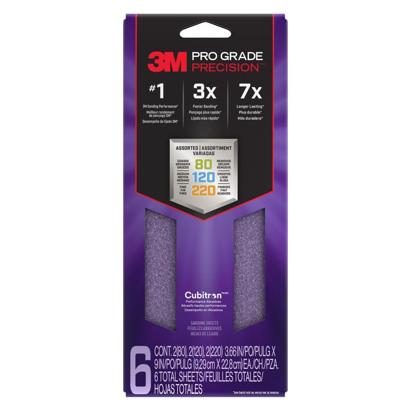 3M No-Slip 1/3 Sheet, Assorted Grit, 6-Pack