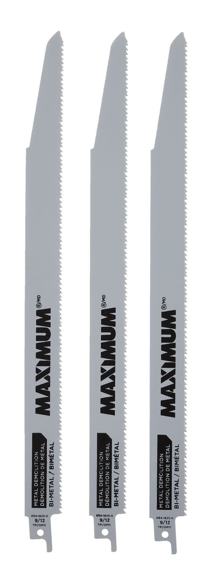 MAXIMUM 12-in 9/12T Bi-Metal Demolition Reciprocating Saw Blades with Reusable Case, for Wood, Metal, Drywall, 3-pk