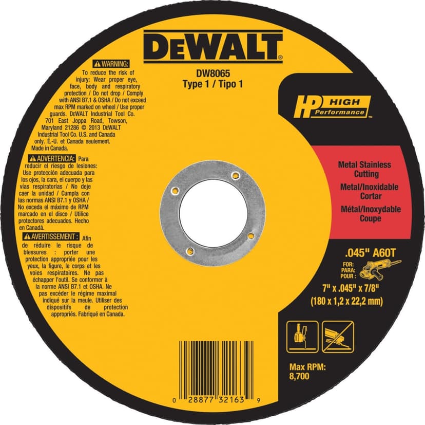 DEWALT DW8065 7 x.045 x 7/8-in Type 01 Aluminum Oxide Thin Cut off Wheel for Metal