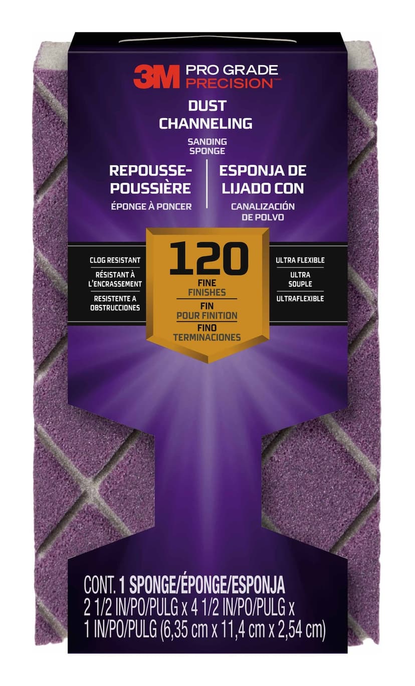 3M Pro Grade Precision Dust Channeling Ultra Flexible Aluminum Oxide Sanding Sponge for Wood, Metal, Plastic & Masonry, 80-Grit
