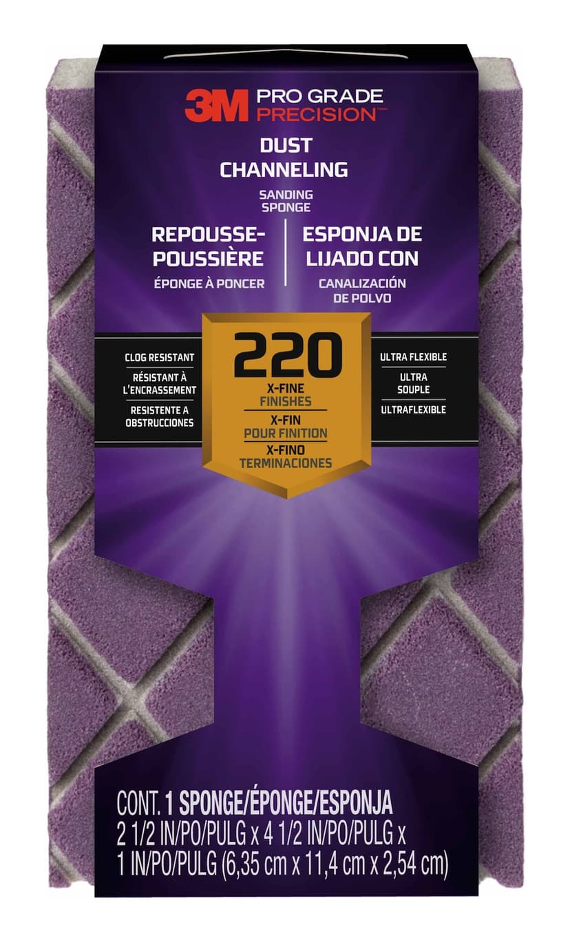 3M Pro Grade Precision Dust Channeling Ultra Flexible Aluminum Oxide Sanding Sponge for Wood, Metal, Plastic & Masonry, 220-Grit