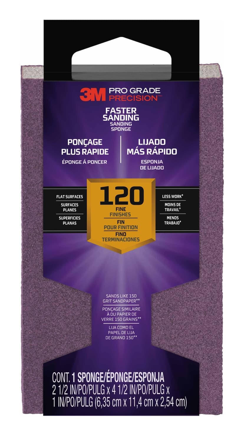 3M Pro Grade Precision Faster Sanding Aluminum Oxide Sanding Sponge for Wood, Metal, Plastic & Masonry, 120-Grit