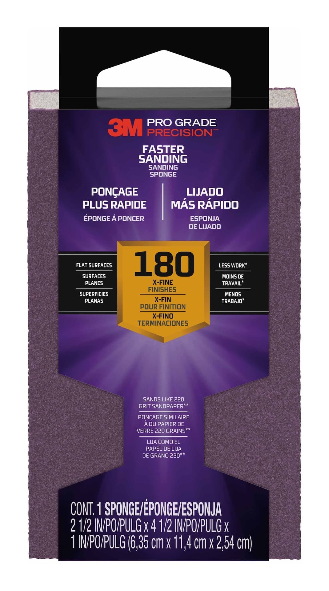 3M Pro Grade Precision Faster Sanding Aluminum Oxide Sanding Sponge for Wood, Metal, Plastic & Masonry, 180-Grit