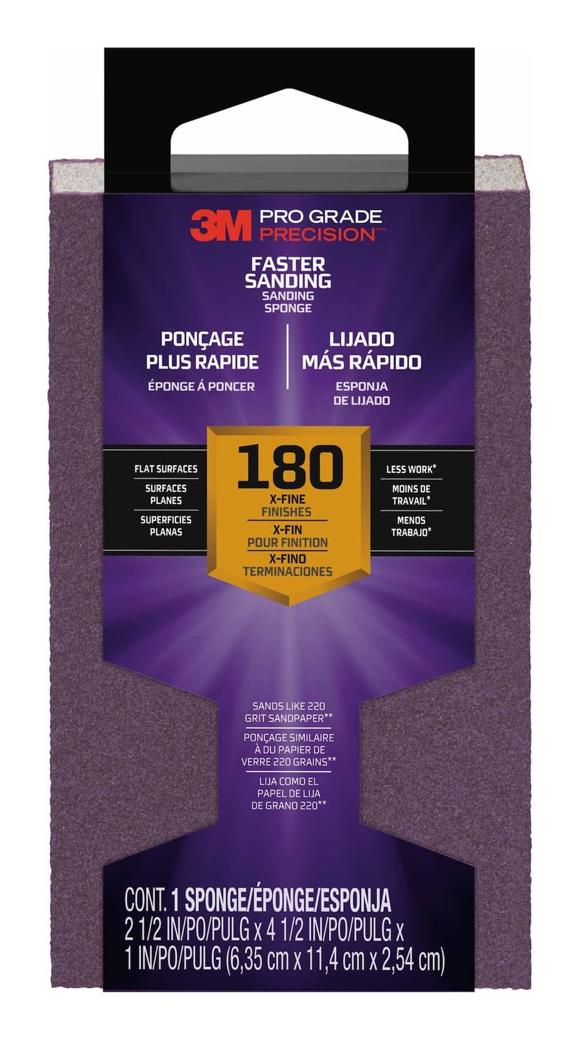 3M Pro Grade Precision Faster Sanding Aluminum Oxide Sanding Sponge for Wood, Metal, Plastic & Masonry, 180-Grit